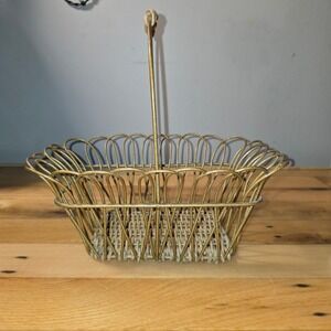 Vintage Gold Wire Scalloped Basket Woven Wicker Base Farmhouse Decor 10in